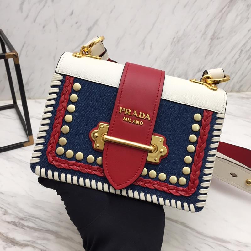 Prada 1BD045 denim color matching woven gold button blue white red